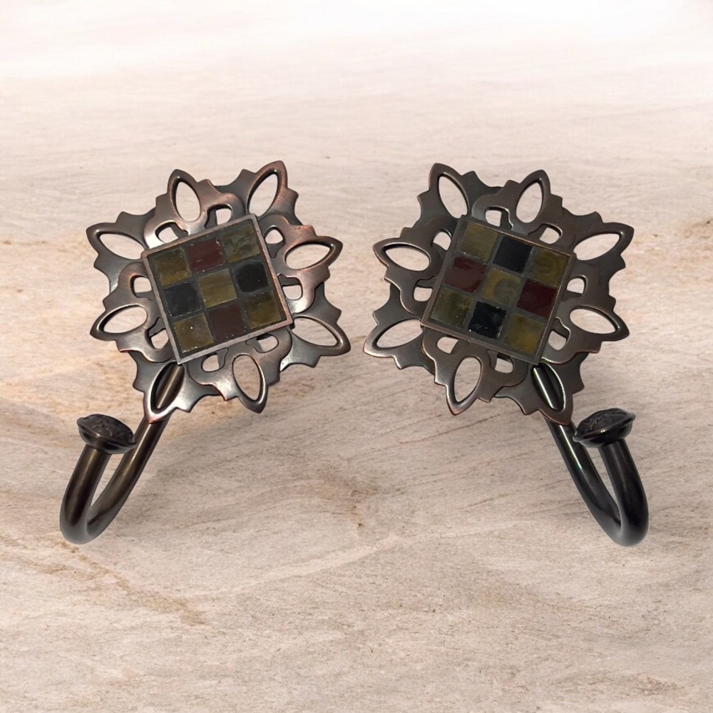 Pair of Decorative Mosaic Antique Bronze Wall Towel Coat Hooks